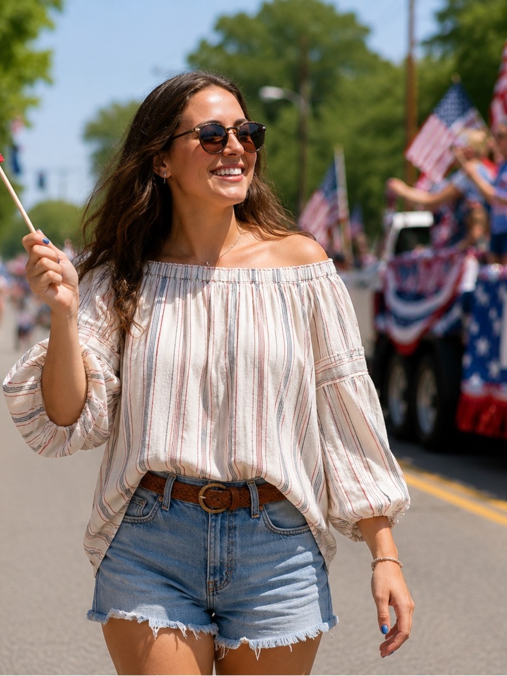 Max Studio Cream Off-Shoulder Striped Blouse with Red and Tan Lines